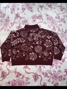 Kate & Sam Burgundy Floral Mock Neck Sweater Large Boxy Cropped Knit Pullover